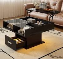 Table Basse Relevable avec LED Intégrée et Tiroir, Design Gain de Place  pour Salon, 78x78x45,5/59,5 cm , Noir