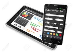 one tablet pc and a cellphone with project manager software and