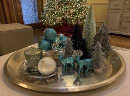 Christmas Tray Decoration Blue Silver Tray Decor Christmas Coffee Table Decor Decorating Coffee Tables