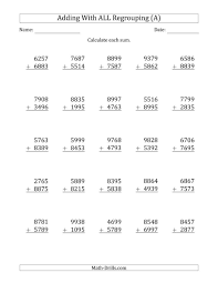 The 4 Digit Plus 4 Digit Addtion With All Regrouping A Math Worksheet Subtraction Across Zeros Addition Worksheets Math Fact Worksheets