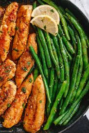 Lemon Garlic Butter Chicken Tenders And Green Beans Skillet Chicken Tenderloin Recipes Healthy Chicken Tenderloin Recipes Green Bean Recipes