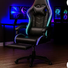 Silla Gamer Con Luces Led Ergonomica Reclinable Con Apoya Pies Base  Giratoria De Cuero Sintetico