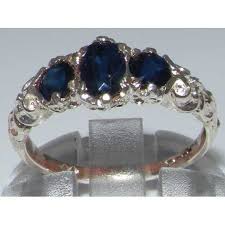 9k White Gold Natural Dark Blue Sapphire Promise Ring English Antique Style Carved Ring 3 Stone Trilogy Romantic Ring Customizable In 2020 Blue Sapphire Promise Ring Carved Ring Sapphire Promise Rings