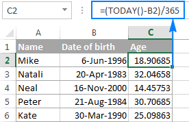 how to calculate age in excel from birthday