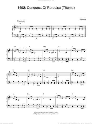 Theme from 1492: Conquest of Paradise sheet music for piano solo