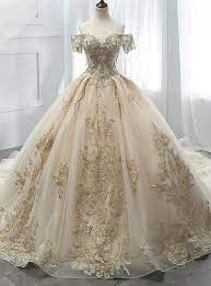 Champagne Ball Gown Tulle Off The Shoulder Appliques Wedding Dress Ball Dresses Ball Gowns Wedding Bridal Gowns Mermaid