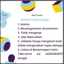 Tugas pembantu rumah tangga yayasan buah hati permataku keluarga produktif acapkali tidak memiliki waktu yang cukup untuk mengurusi pekerjaan rumah tangga. Loker Asisten Rumah Tangga Di Banjarnegara Kota Lowongan Kerja Banjarnegara Loker Banjarnegara Net