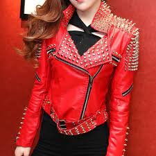 Handmade Women Red Studded Motorcycle Jacket Rock Style Studded Jacket In 2021 Studded Jacket Studded Leather Jacket Spiked Leather Jacket