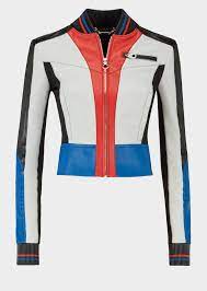 Versace Color Block Leather Biker Jacket For Women Us Online Store White Leather Jacket Color Block Jacket Biker Jacket Outfit