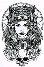 Black And White Girl W Wolf Temporary Tattoo Native Tattoos Wolf Tattoos Wolf Headdress
