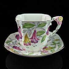 Fuchsia Flower Handle Square Cup Saucer Bone China England No Tax Tea Cups Cup Bone China Tea Cups