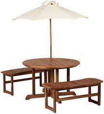 Phi villa patio dining set, 7 pcs outdoor patio table and chair set with 6 high back padded swivel chairs & 1 59x35.4 metal dining table (2.6 umbrella hole), for deck poolside backyard. Amazon Com Outsunny 4 Piece Kids Outdoor Patio Table And Bench Set Acacia Wood Wit Round Outdoor Dining Table Table And Bench Set Outdoor Dining Table Setting