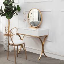 White Wood Makeup Table With Round Mirror Chair Set Gold Metal Base In 2020 Decor Room Decor Home Decor