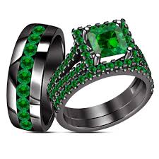 Black And Green Wedding Rings Engagement Ring Wedding Band Trio Set Green Sapphire Black Gold Fn 925 Silver Engagement Ring Wedding Band Green Sapphire Wedding Rings