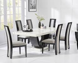 Rectangle dining table showcases a luxury imitation marble top, bring sleek appeal to your arrangement while easy to clean. Raphael 200cm White Pedestal Marble Dining Table With Raphael Chairs