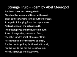Strange fruit hanging from the trees. Strange Fruit Poem By Abel Meeropol Southern Trees Bear Strange Fruit Blood On The Leaves And Blood At The Root Black Bodies Swinging In The Southern Ppt Download