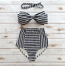 Black And White Striped Bathing Suit Bikiniboo Vintage Inspired Handmade High Waist Bow Bikini In Stunning Black White Stripe Print This Bikini I Striped Bikini Swimwear Fashion Swimwear