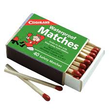 Wooden matches are packaged in matchboxes, and paper matches are partially cut into rows and stapled into matchbooks. Waterproof Matches Pkgd Coghlan S