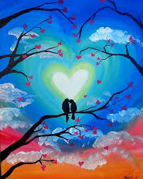 Love Birds On Their Branch Moonlight Painting Art Painting Night Painting