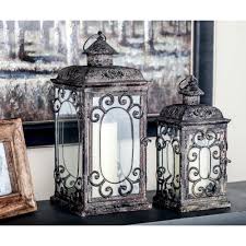 Rustic Distressed Brown Iron And Glass Candle Lantern With Scrollwork Set Of 3 Browns Tans Glass Candle Lantern Candle Lanterns Lanterns Decor