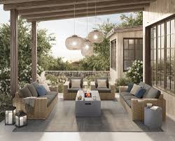 Outdoor patio seating with woven wicker-style furniture