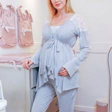 Camisola Longa Com Robe Para Maternidade Pijama Sofia 3 Pecas Mescla Claro Roupas De Enfermagem Pano Blusas Manga Longa