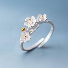 Cherry Blossom Branch Resizable Open Ring In White Copper Silver Plated Women Rings Rose Engagement Ring Rose Gold Engagement Ring