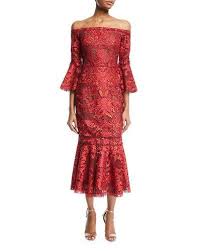 Marchesa Notte Off The Shoulder Guipure Lace And Tulle Midi Dress In Black White Modesens Midi Cocktail Dress Dresses Mid Dresses