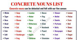 Concrete Noun Important List Of 60 Concrete Nouns In English Concrete Nouns Nouns English Teaching Materials