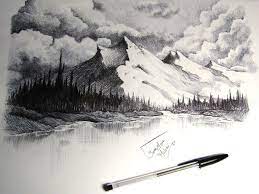 Snow Capped Mountains Drawing Landscape Drawings Landscape Pencil Drawings Mountain Drawing How to draw easy mountain valley scenery for kids,with pencil shading tools used :