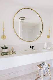 Check spelling or type a new query. Round Gold Mirror Over Long Floating Sink Vanity Transitional Bathroom