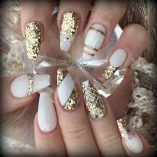 White acrylic nails summer acrylic nails. White With Gold Glitter Acrylic Nails Nail And Manicure Trends