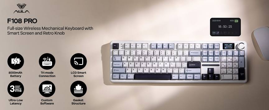 AULA F108PRO Tri-Mode Full Size Wireless Mechanical Gaming Keyboard with Screen & Knob | Ice Blue, Reaper Switch (F108ProIUR) - AULA India