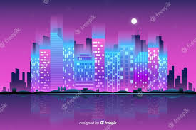 Vector concept background with night city illuminated with neon . Free Vector Flat Neon City Background