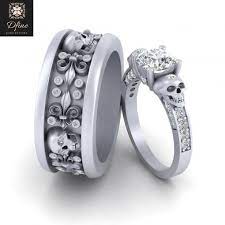 Fleur De Lis Skull Couple Rings Matching Skull And Flower Wedding Set Skull Wedding Ring Wedding Rings Engagement Skull Engagement Ring