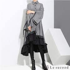 楽天市場 le sucood フィッシュテール フレアシャツワンピース グレー レディース ロングワンピ モード系 ゴシック フレアワンピ マキシ丈 シフォンワンピース 大人 きれいめ リボン ワイド オーバーサイズ オシャレ le sucood 大人ワンピース ファッション