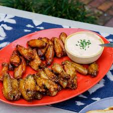 Sticky Sesame And Bbq Bourbon Wings With Sriracha Ranch Recipe Food Network Recipes Trisha Yearwood Recipes Chicken Wing Recipes