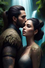 KT1973: a detailed nature portrait of a man with ponytail + a beautiful  woman making love, kissing, touching , very sensual, VERY few clothes,  character design, waterfall background, insanely detailed and intricate,