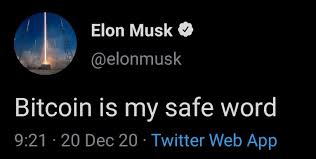He started off with a simple phrase stating that bitcoin was his safe word. bitcoin is my safe word — elon musk (@elonmusk) december 20, 2020 Alistair Milne On Twitter How It Started How Its Going Bitcoin Elonmusk