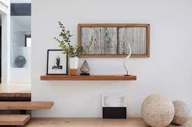 Bjorn woodworks handcrafted floating shelves. Entryway With Wooden Floating Shelf And Art Objects In Modern Art Home San Francisco Interior Photographer