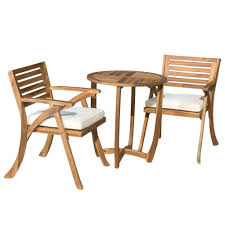 Noble House Coronado Teak 3 Piece Wood Round Outdoor Bistro Set With Cream Cushions 8115 The Home D In 2020 Small Patio Furniture Outdoor Bistro Set Bistro Table Set