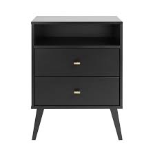 Drawer fronts, top, sides, and kick plates crafted out of laminate composite wood with black finish; Prepac Milo Mid Century Modern 2 Drawer Tall Nightstand In Black Bdnr 1401 1