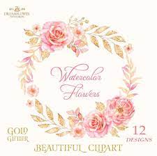 Blush Flower Clipart Watercolor Rose Clipart Pink And Gold Etsy Digital Flowers Flower Clipart Rose Clipart