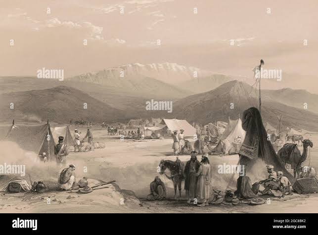 British Army Entering the Bolan Pass from Dadur, Toba Kakar range, Balochistan, Pakistan, First Anglo-Afghan War, sketch by James Atkinson, 1840, digitally optimized Stock Photo - Alamy