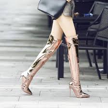 Best time to measure is afternoon,because you feet will swell from morning to evening. Gold Mirror Long Knee Pointed Head High Stiletto Heels Stage