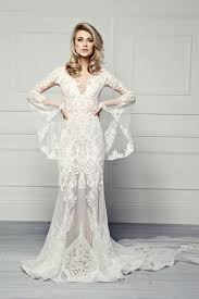 Pallas Couture Therron Spring 2017 Embroidered Lace Sheath Wedding Gown With Long Bell Slee Wedding Dresses Lace Wedding Dress Trends Bell Sleeve Wedding Dress