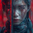 Japanese Warrior Woman: Crimson Gaze of Resolve