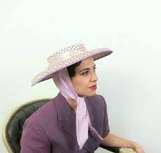 Vintage 1950s Sun Hat With Chin Straps 50s Purple And Beige Wide Brimmed Hat Sun Hats Wide Brimmed Hats Hats Vintage
