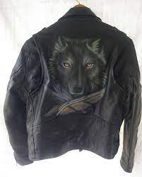 Painted Biker Jacket Wolf Head On Black Leather Motorcycle Etsy Black Leather Motorcycle Jacket Biker Jacket Jackets