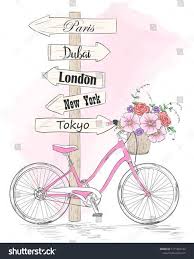 Bicycle With A Basket Full Of Flowers And Signpost In The Cities Of The World Vector Illustration Baski Bisiklet Sanat Boyama Sayfalari Mandala